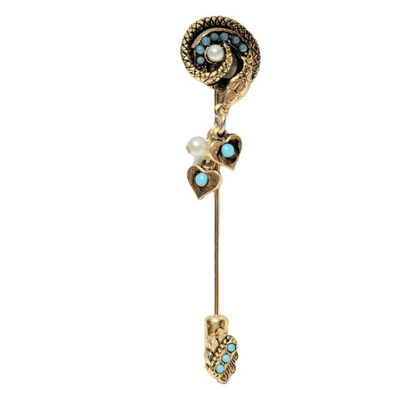 Gold Tone Blue Ballotini Faux Pearl Heart Charm Snake Serpent Stick Pin - Picture 5 of 5